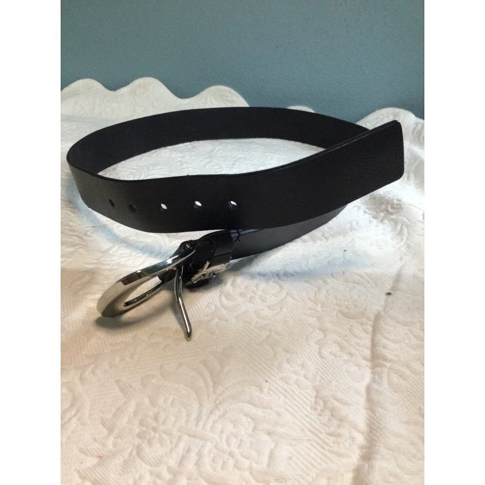 Michael Kors Black Pebbled Leather Belt Silver MK‎ Logo Horseshoe Buckle Mens